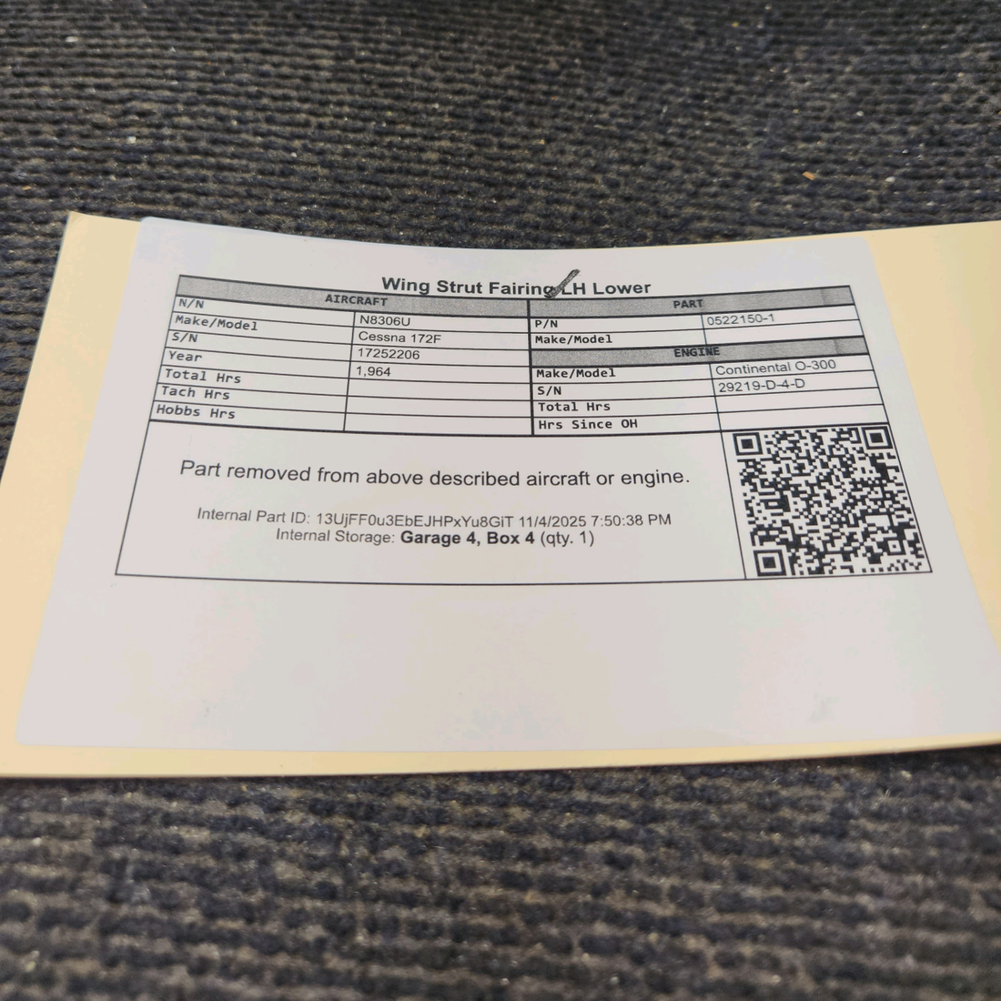 Used aircraft parts for sale, 0522150-1 Cessna 172F Lower Wing Strut Fairing - LH