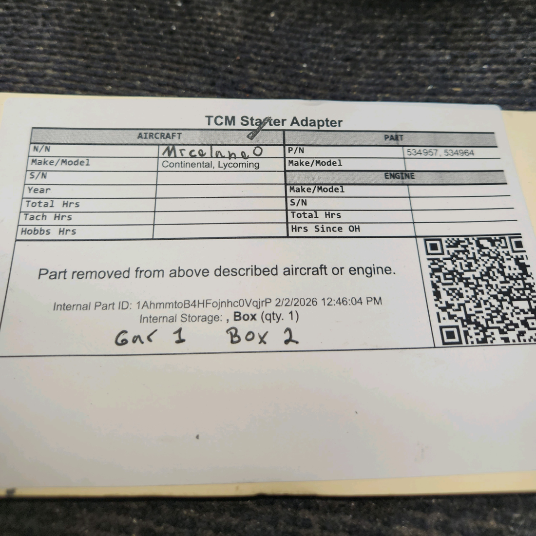 Used aircraft parts for sale, 534957 Continental, Lycoming TCM Starter Adapter