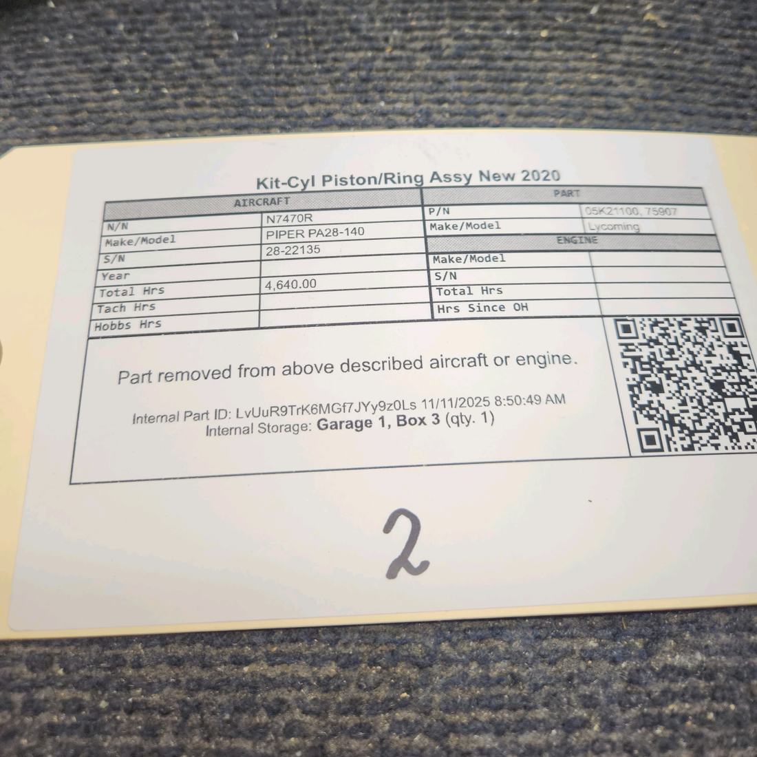 Used aircraft parts for sale, 05K21100 Lycoming O-320 PIPER PA28-140 Cylinder Piston & Ring Kit – Overhauled, Chrome