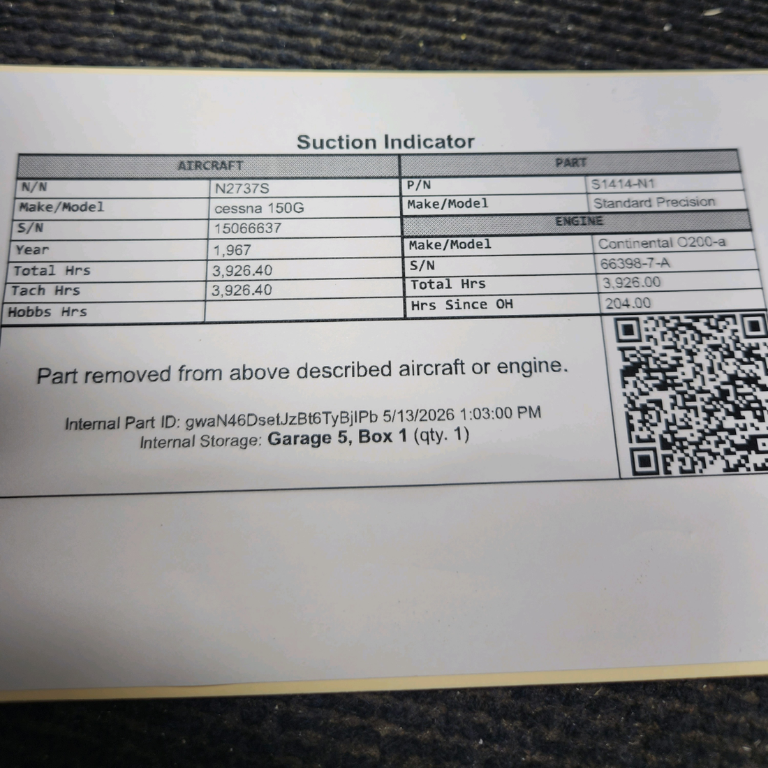 Used aircraft parts for sale, S1414-N1 Standard Precision cessna 150G Suction Indicator