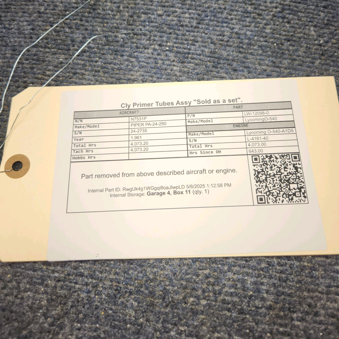 Used aircraft parts for sale, LW-12098-0 Lycoming O-540 PIPER PA-24-250 Cly Primer Tubes Assy "Sold as a set".