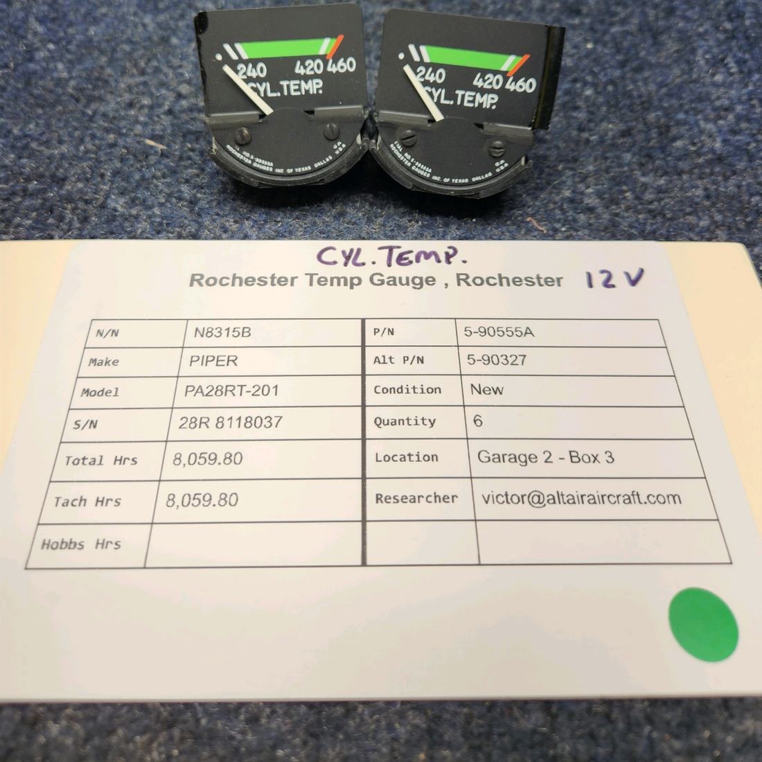 Used aircraft parts for sale, 5-90555A PIPER PA28RT-201 ROCHESTER CYLINDER TEMP GAUGE , ROCHESTER 12 VOLTS PRICE PER EACH