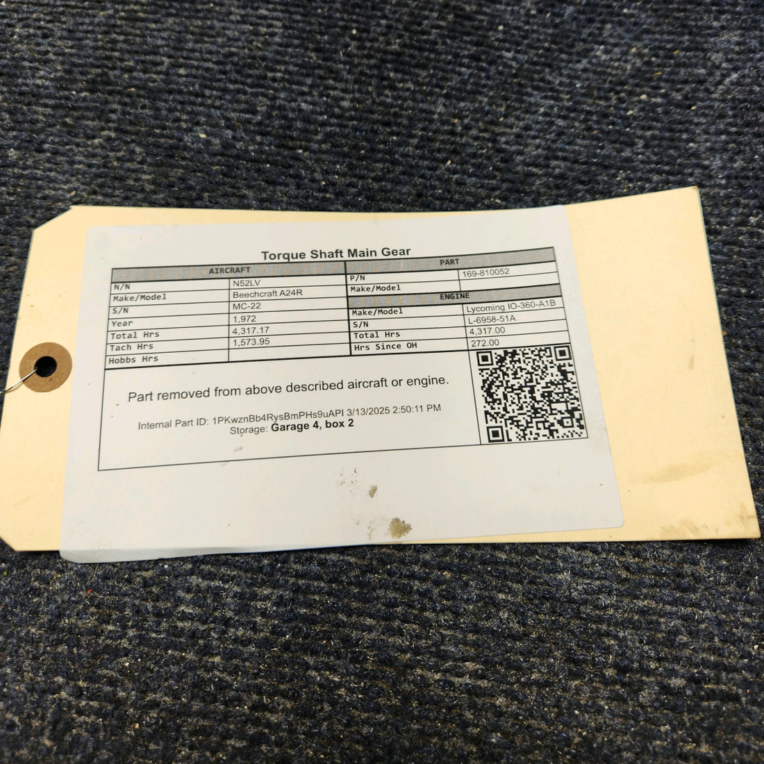 Used aircraft parts for sale, 169-810052 Beechcraft A24R Torque Shaft Main Gear