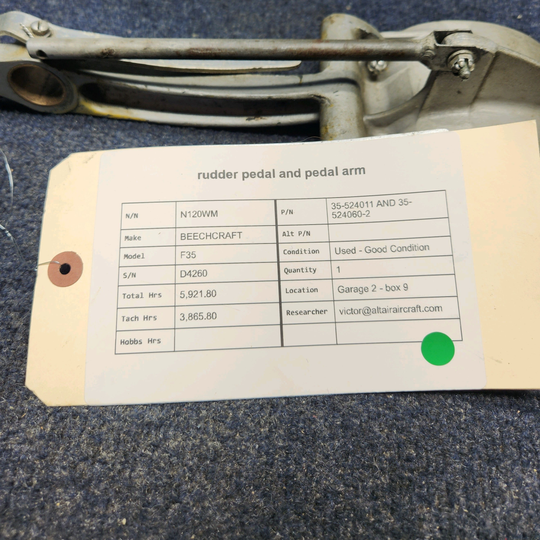 Used aircraft parts for sale, 35-524011 AND 35-524060-2 BEECHCRAFT F35 RUDDER PEDAL AND PEDAL ARM