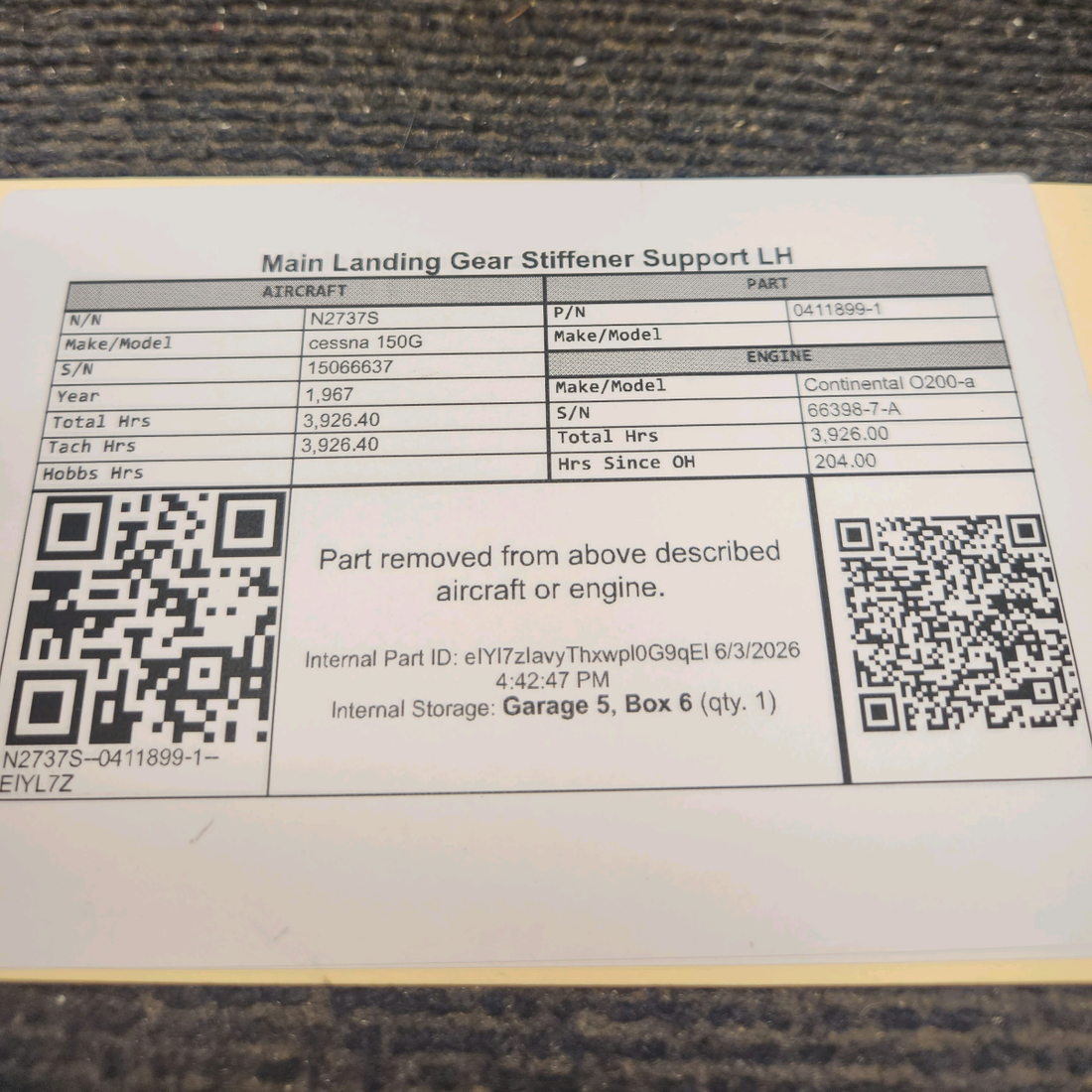 Used aircraft parts for sale, 0411899-1 cessna 150G Main Landing Gear Stiffener Support – LH
