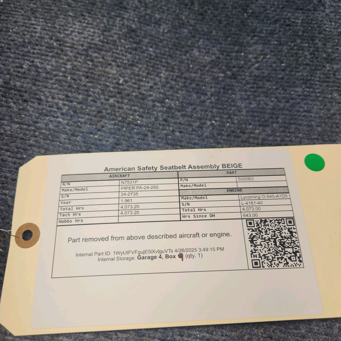 Used aircraft parts for sale, 5000B3 America Safety PIPER PA-24-250 Seatbelt Assembly BEIGE