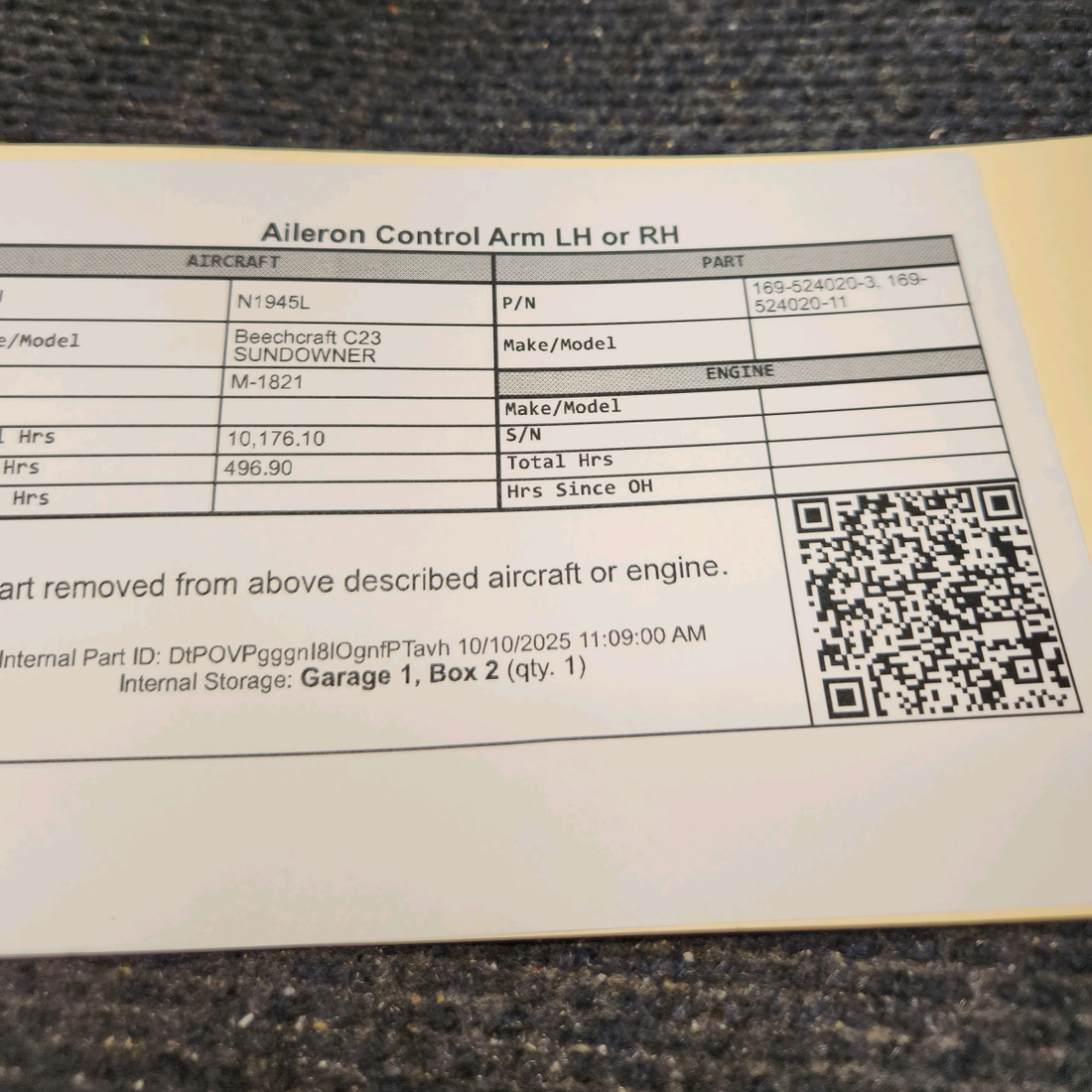 Used aircraft parts for sale, 169-524020-3 Beechcraft C23 SUNDOWNER Aileron Control Arm - LH or RH