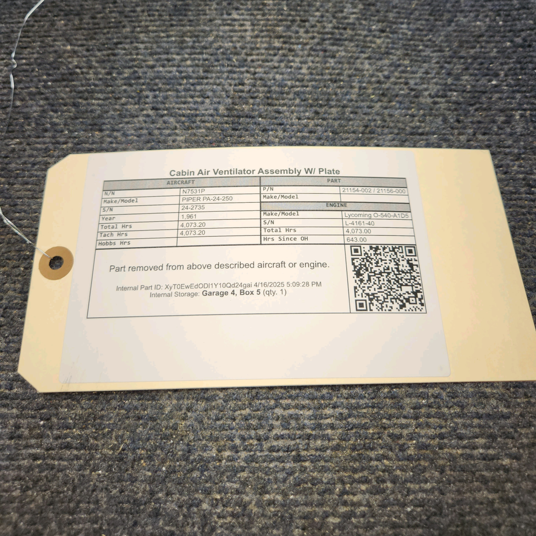 Used aircraft parts for sale, 21154-002 / 21156-000 PIPER PA-24-250 Cabin Air Ventilator Assembly W/ Plate