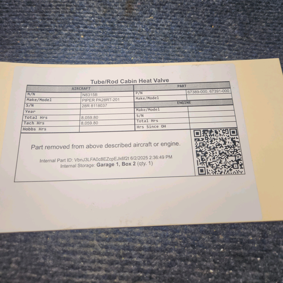 Used aircraft parts for sale, 67389-000 PIPER PA28RT-201 Tube and Rod Cabin Heat Valve