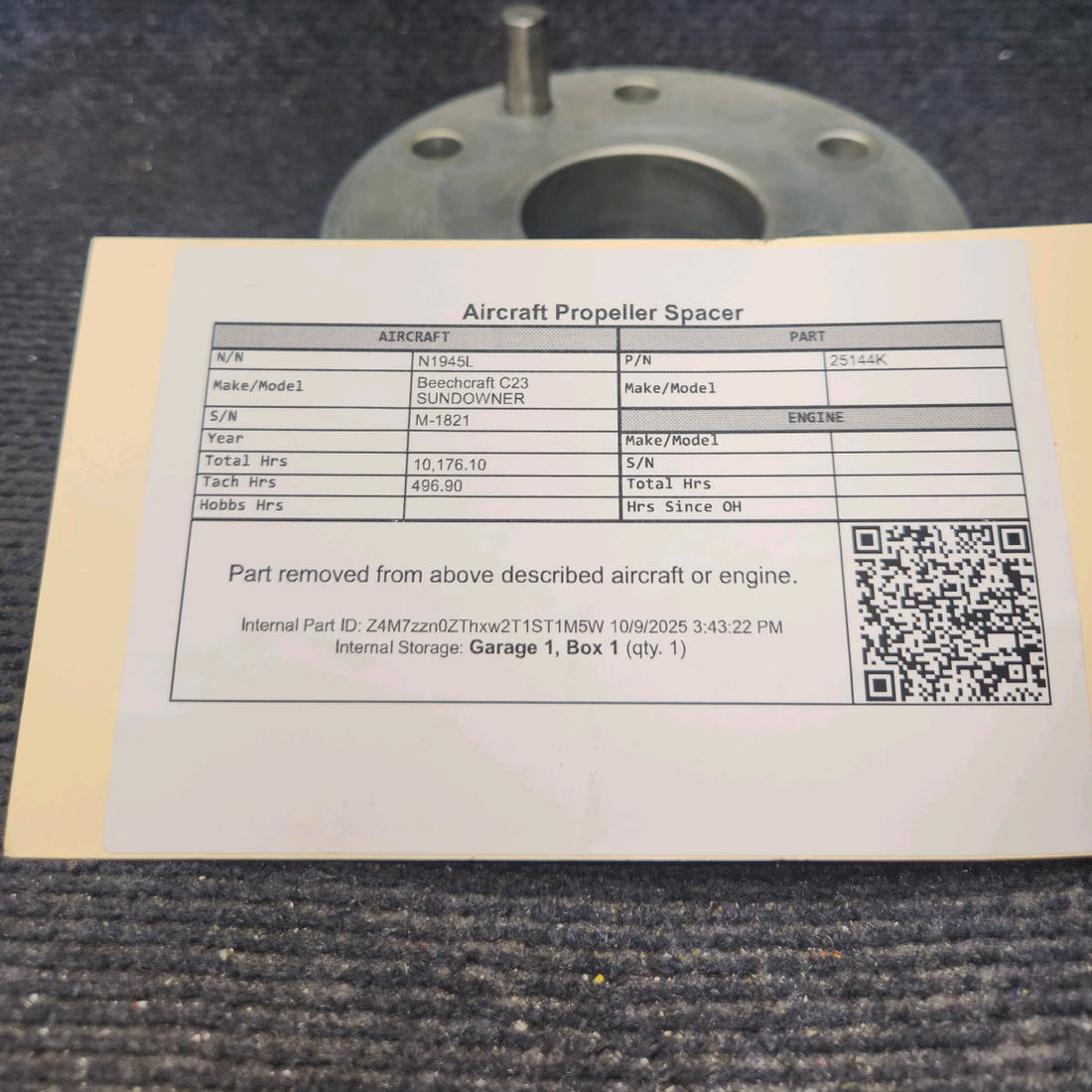 Used aircraft parts for sale, 25144K Beechcraft C23 SUNDOWNER Aircraft Propeller Spacer