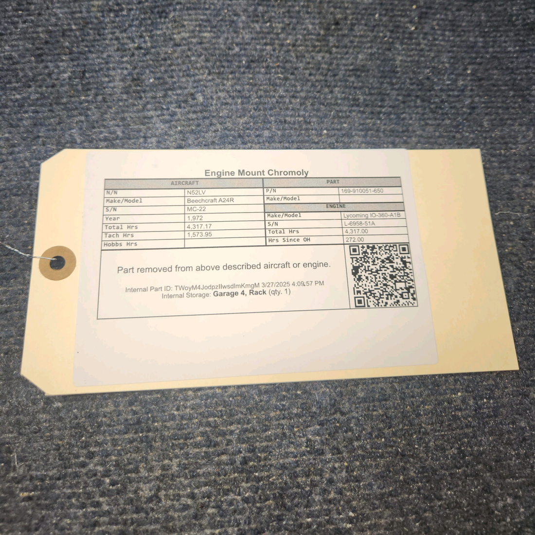 Used aircraft parts for sale, 169-910051-650 Beechcraft A24R Engine Mount Chromoly