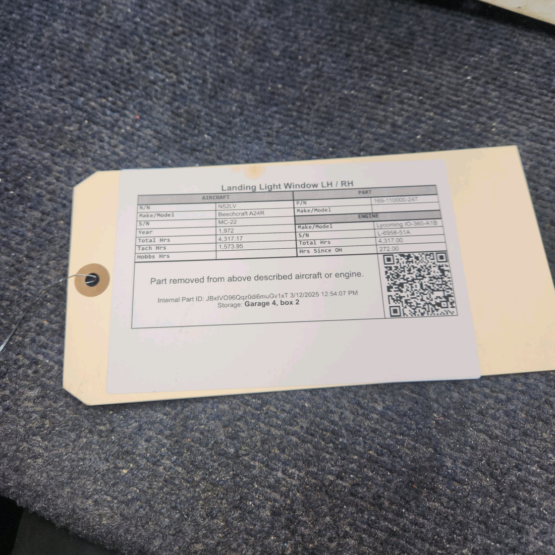 Used aircraft parts for sale, 169-110000-247 Beechcraft A24R Landing Light Window LH / RH