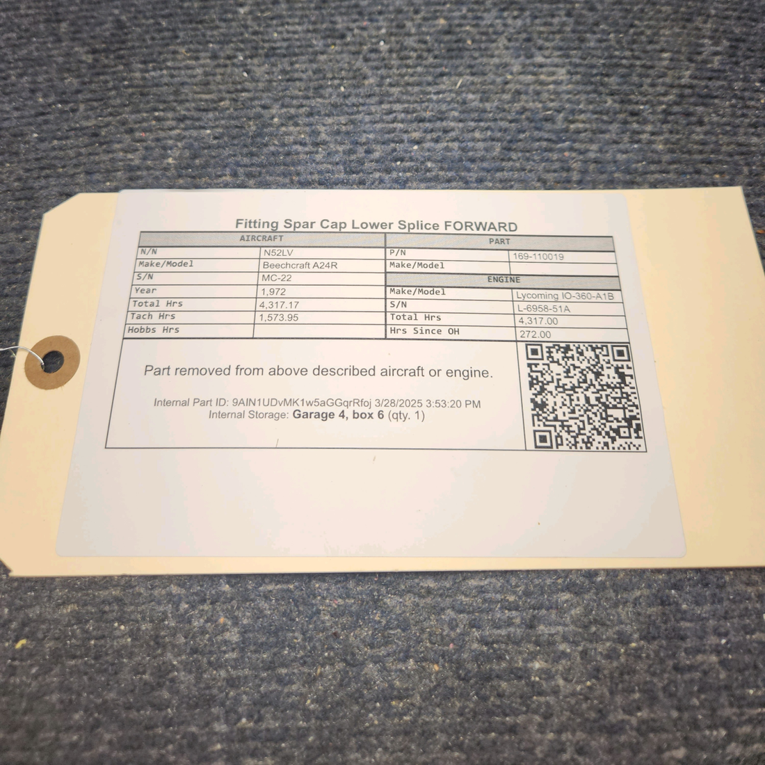 Used aircraft parts for sale, 169-110019 Beechcraft A24R Fitting Spar Cap Lower Splice FORWARD