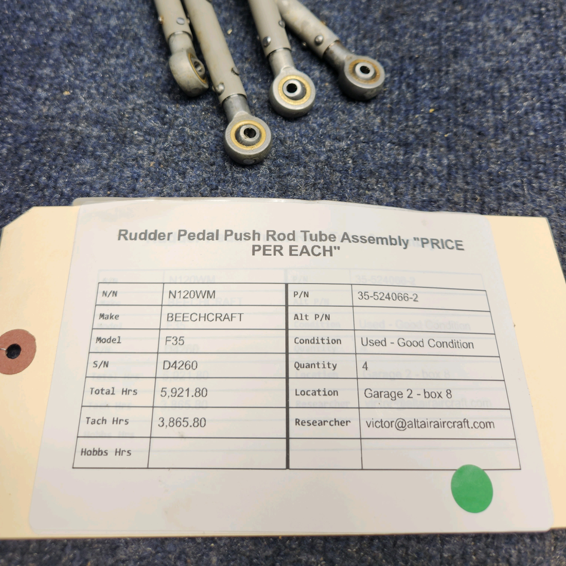 Used aircraft parts for sale, 35-524066-2 BEECHCRAFT F35 RUDDER PEDAL PUSH ROD TUBE ASSEMBLY "PRICE PER EACH"
