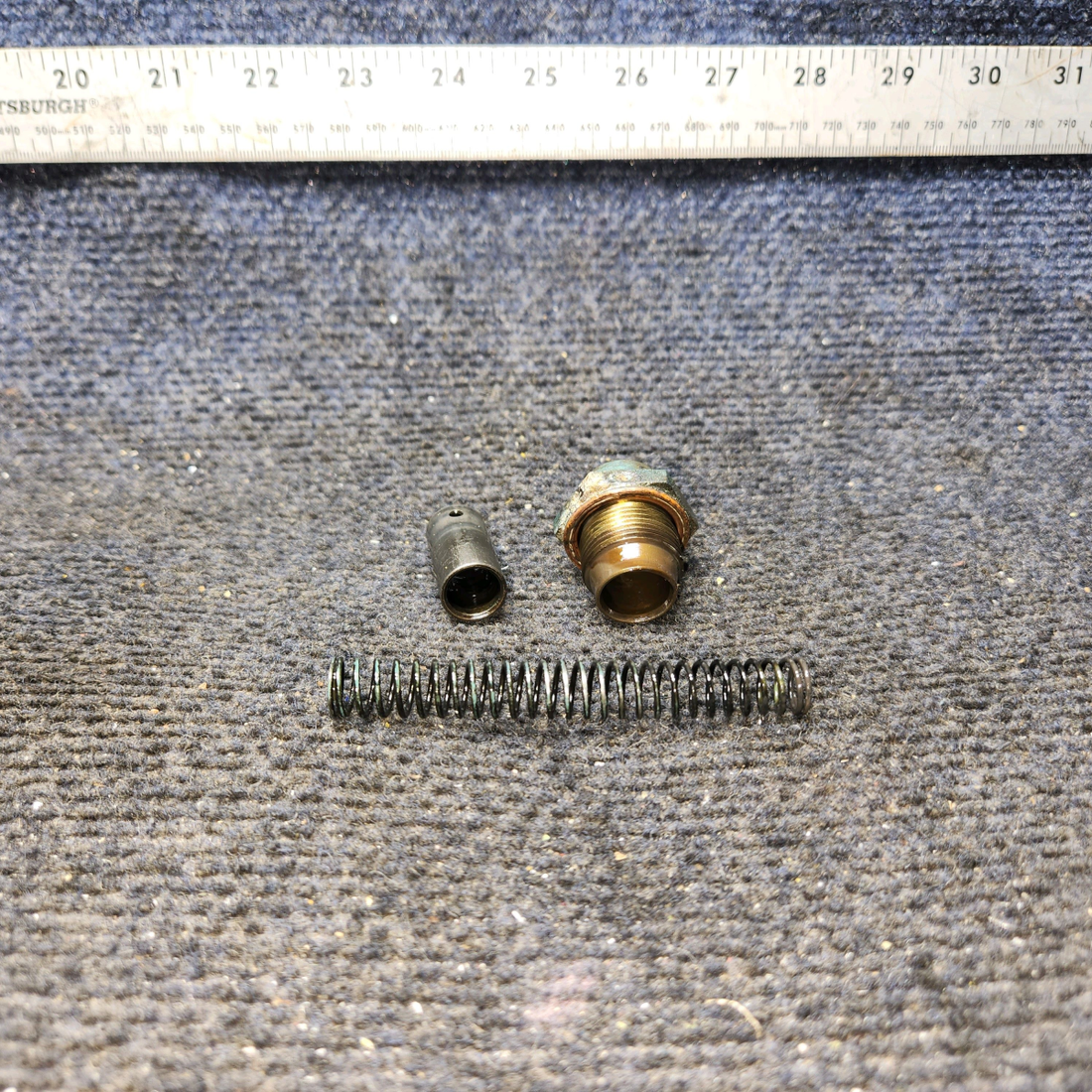 Used aircraft parts for sale, 641074, 631687, 649215 Continental O-300-D Cessna 172F Oil Pressure Relief Valve Assy 641074 with 631687 Spring & 649215 Plug