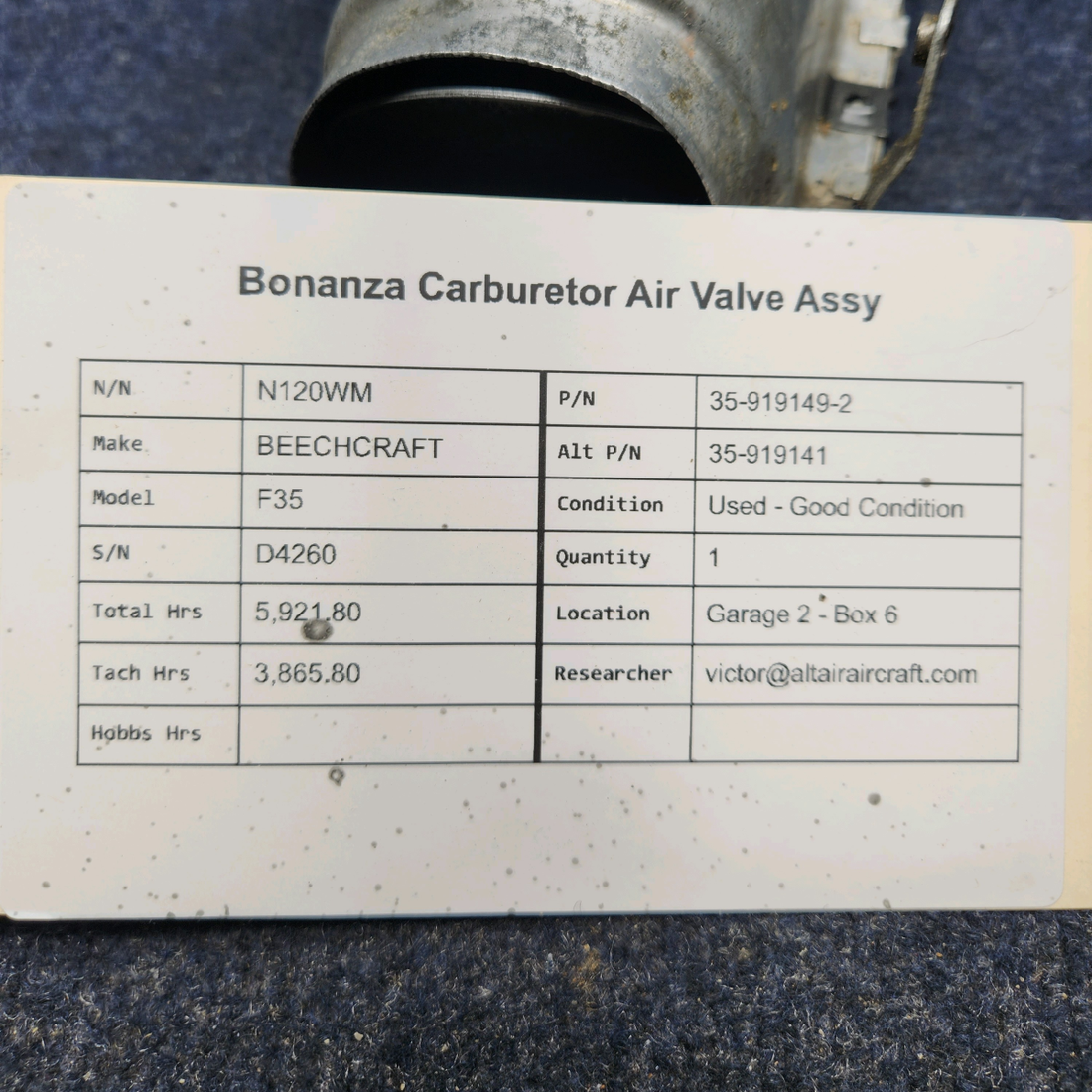 Used aircraft parts for sale, 35-919149-2 BEECHCRAFT F35 BONANZA CARBURETOR AIR VALVE ASSY