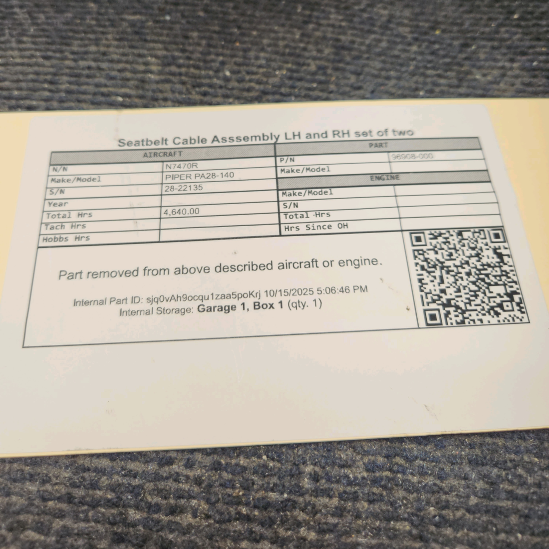 Used aircraft parts for sale, 96908-000 PIPER PA28-140 Seatbelt Cable Assembly Set – LH and RH