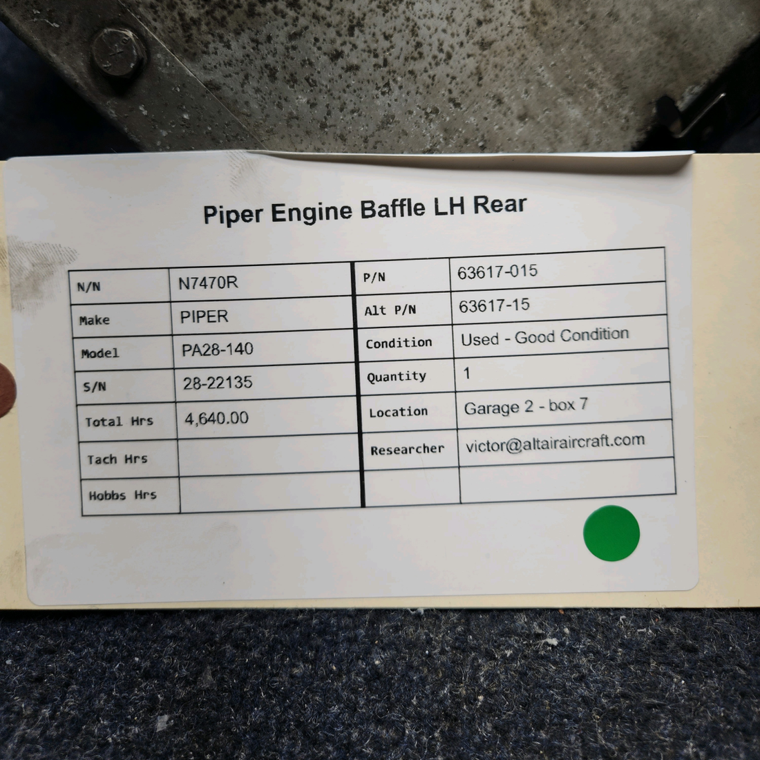 Used aircraft parts for sale, 63617-015 PIPER PA28-140 ENGINE BAFFLE LH REAR