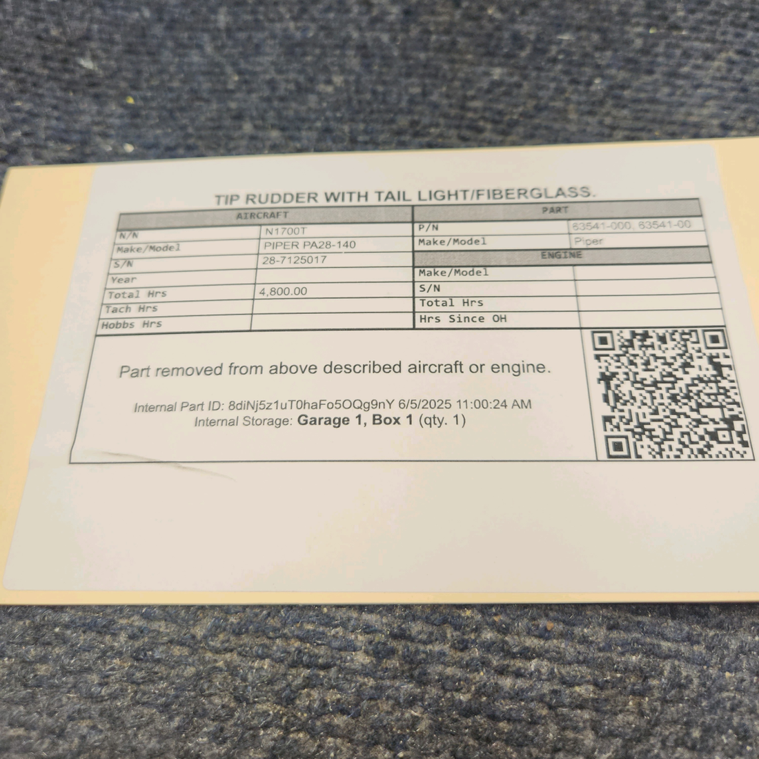 Used aircraft parts for sale, 63541-000 PIPER PA28-140 Rudder Tip Assembly with Tail Light/Fiberglass.