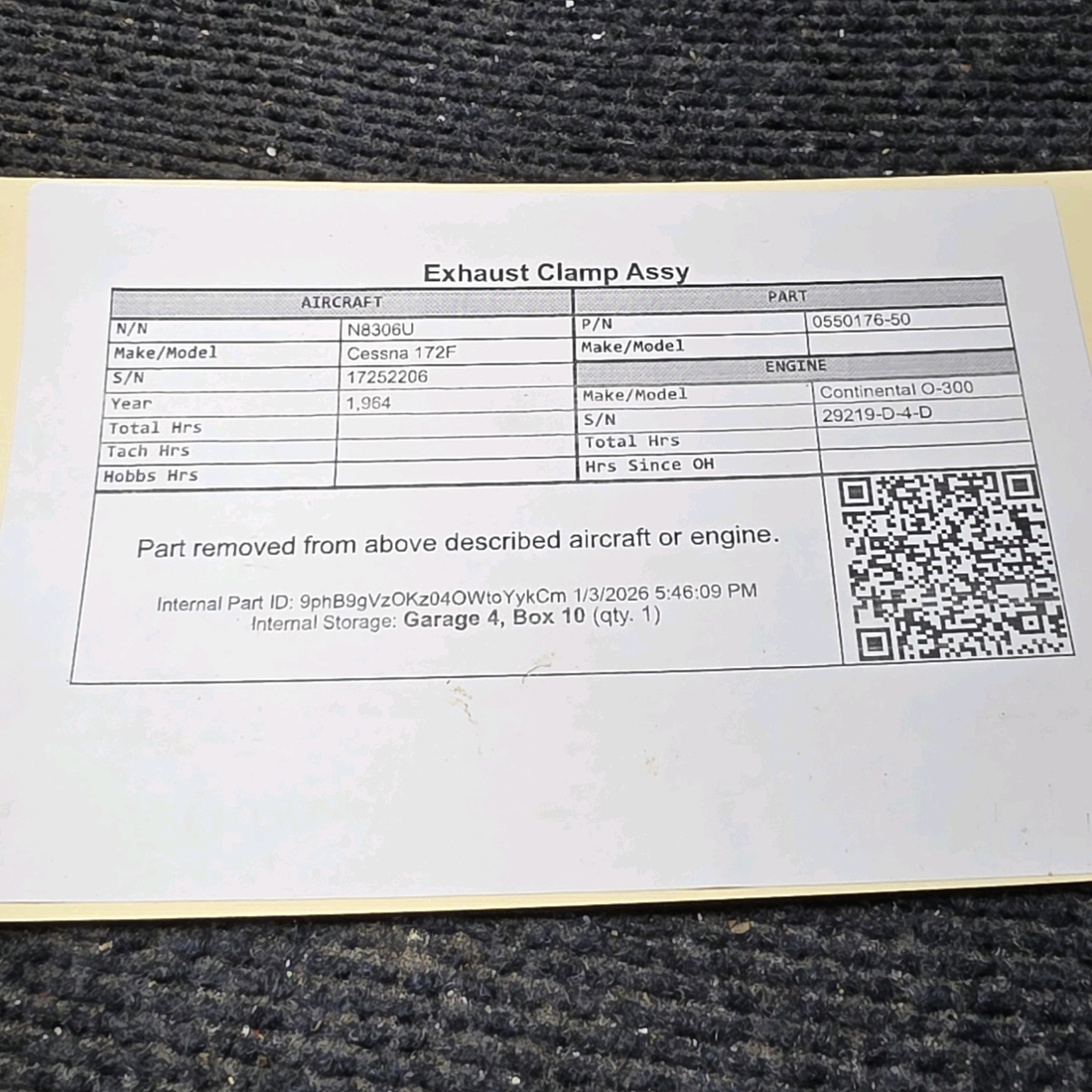 Used aircraft parts for sale, 0550176-50 Cessna 172F Exhaust Clamp Assy