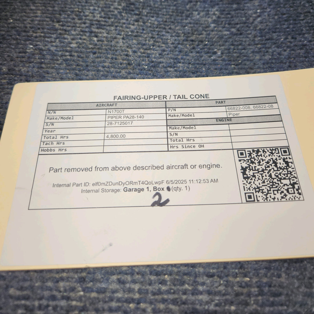 Used aircraft parts for sale, 66822-008 PIPER PA28-140 Fairing Upper/ Tail Cone