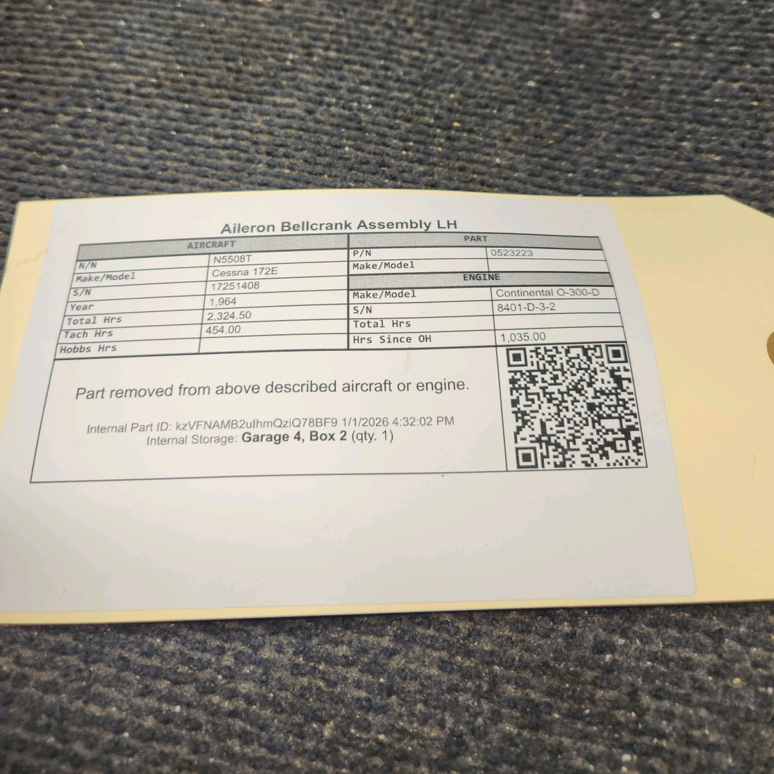 Used aircraft parts for sale, 0523223 Cessna 172E Aileron Bellcrank Assembly LH