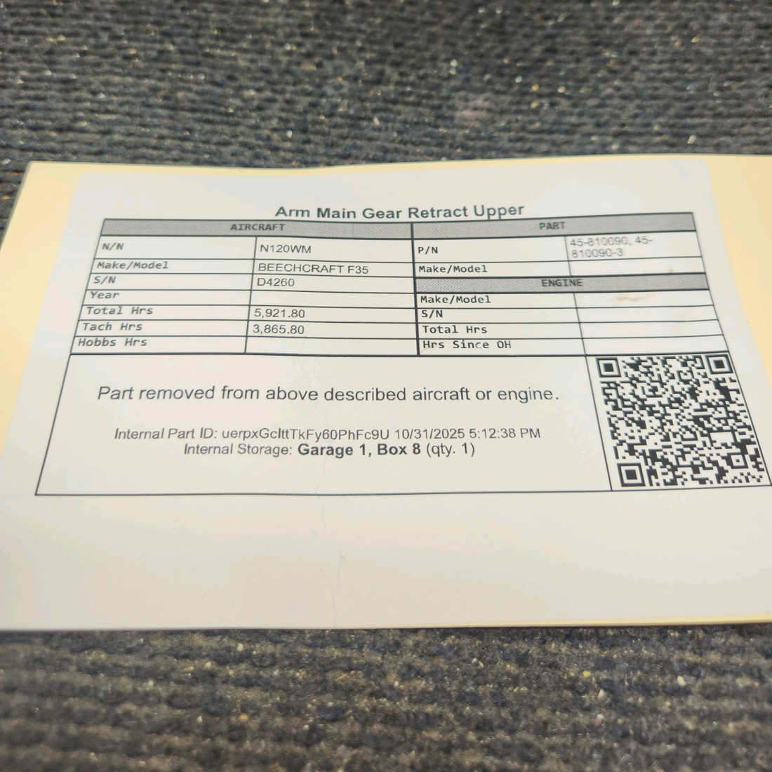 Used aircraft parts for sale, 45-810090 BEECHCRAFT F35 Arm Main Gear Retract Upper