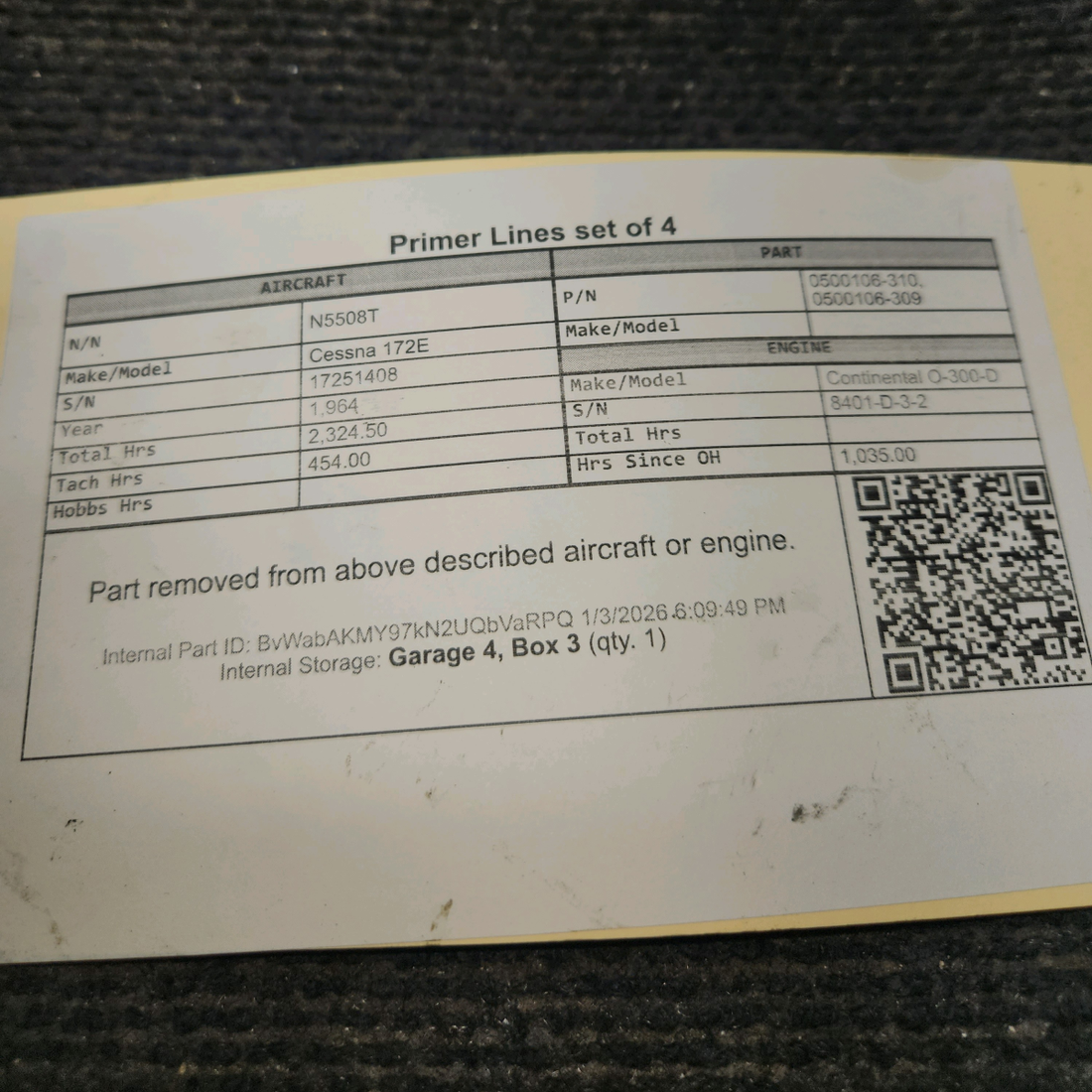 Used aircraft parts for sale, 0500106-310, 0500106-309 Cessna 172E Primer Lines - Set of 4