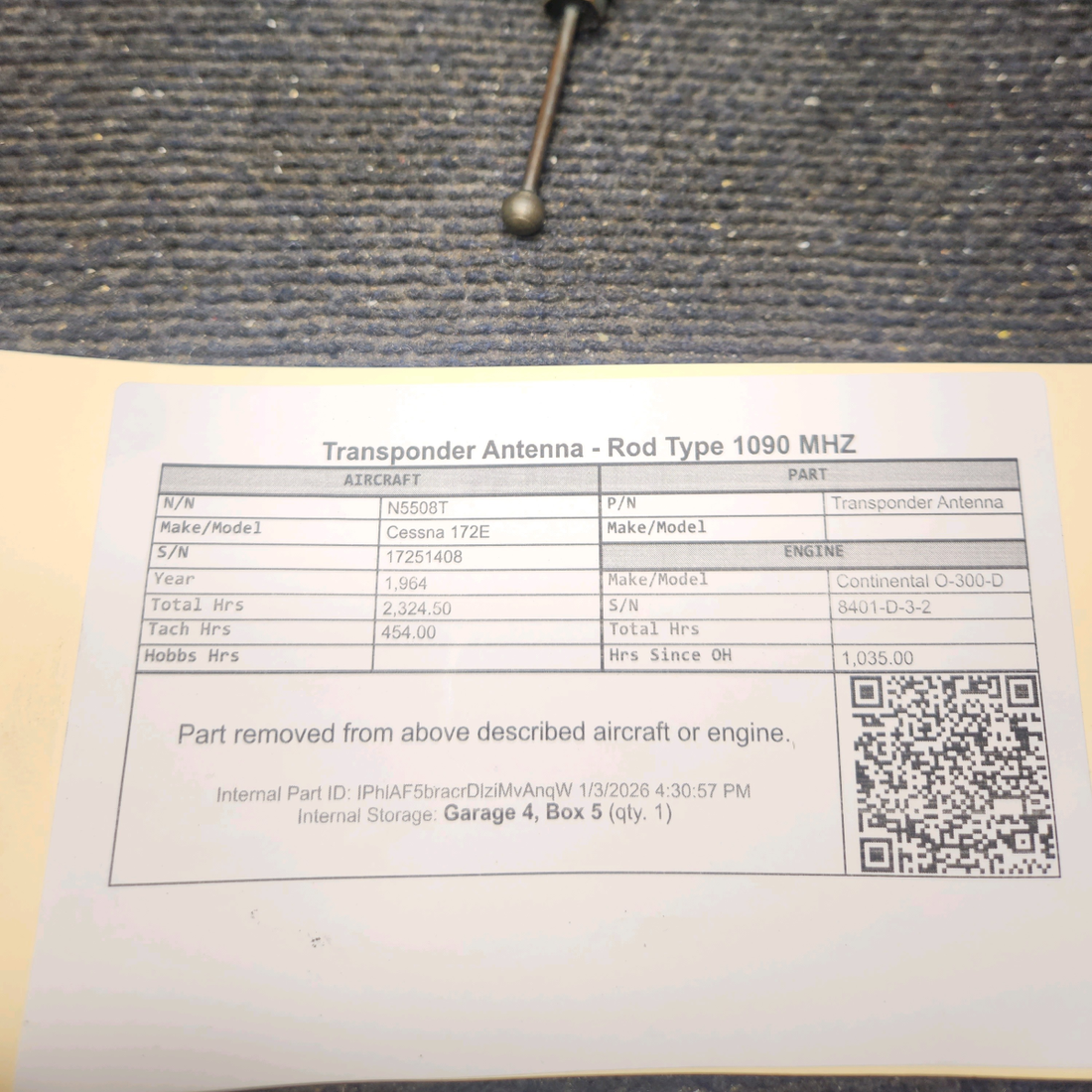 Used aircraft parts for sale, Transponder Antenna Cessna 172E Transponder Antenna - Rod Type 1090 MHZ
