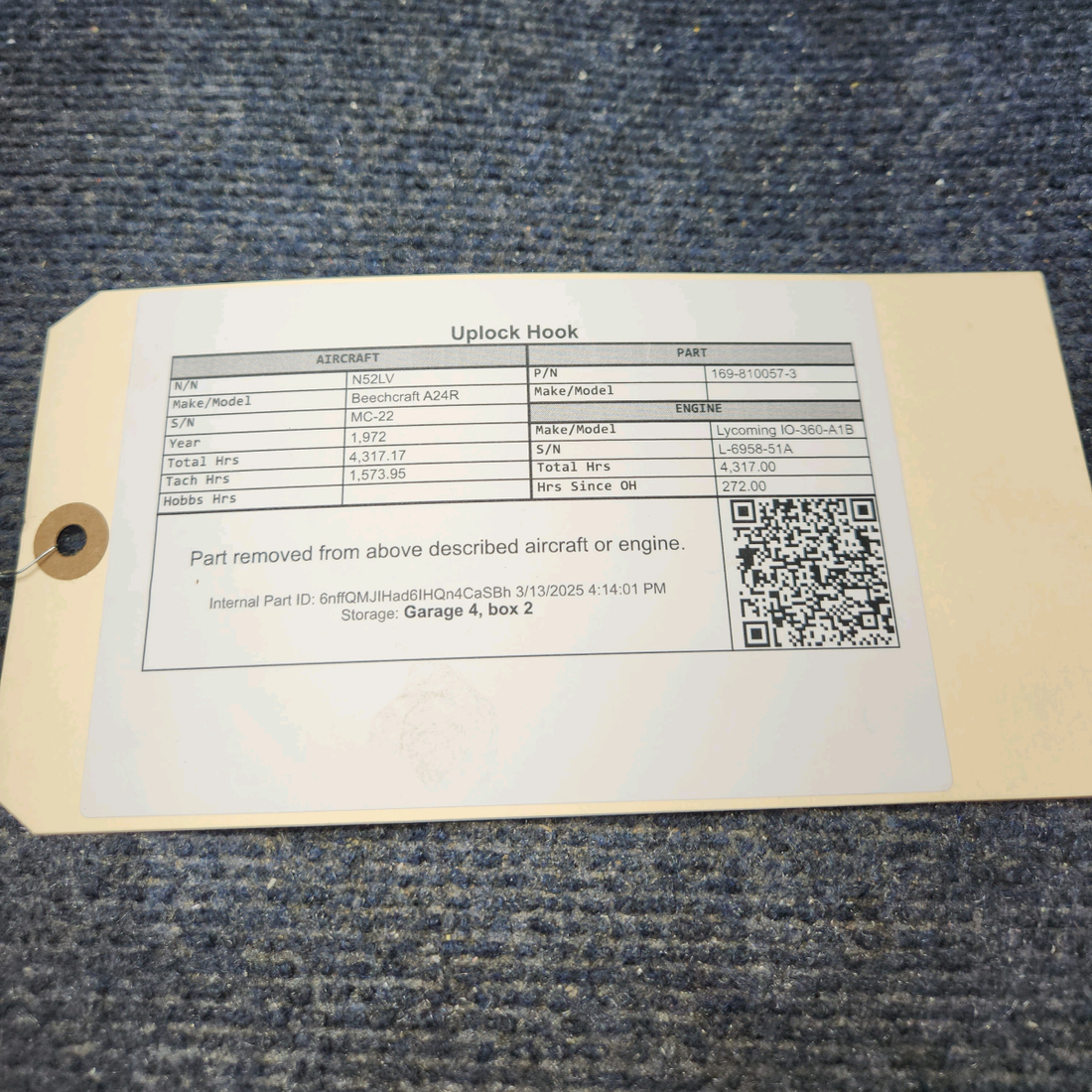 Used aircraft parts for sale, 169-810057-3 Beechcraft A24R Uplock Hook