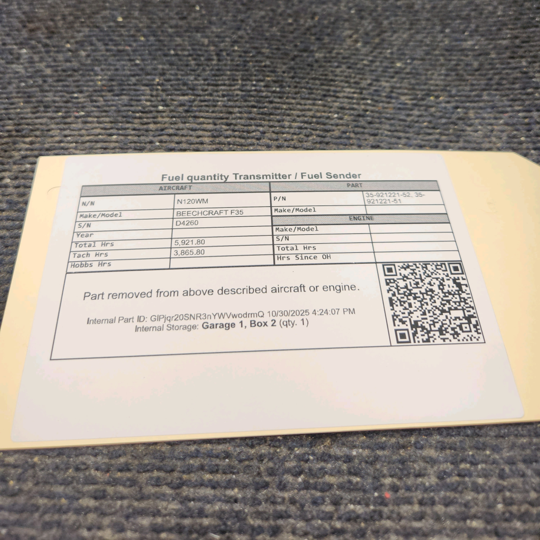 Used aircraft parts for sale, 35-921221-52 BEECHCRAFT F35 Fuel Quantity Transmitter/Fuel Sender