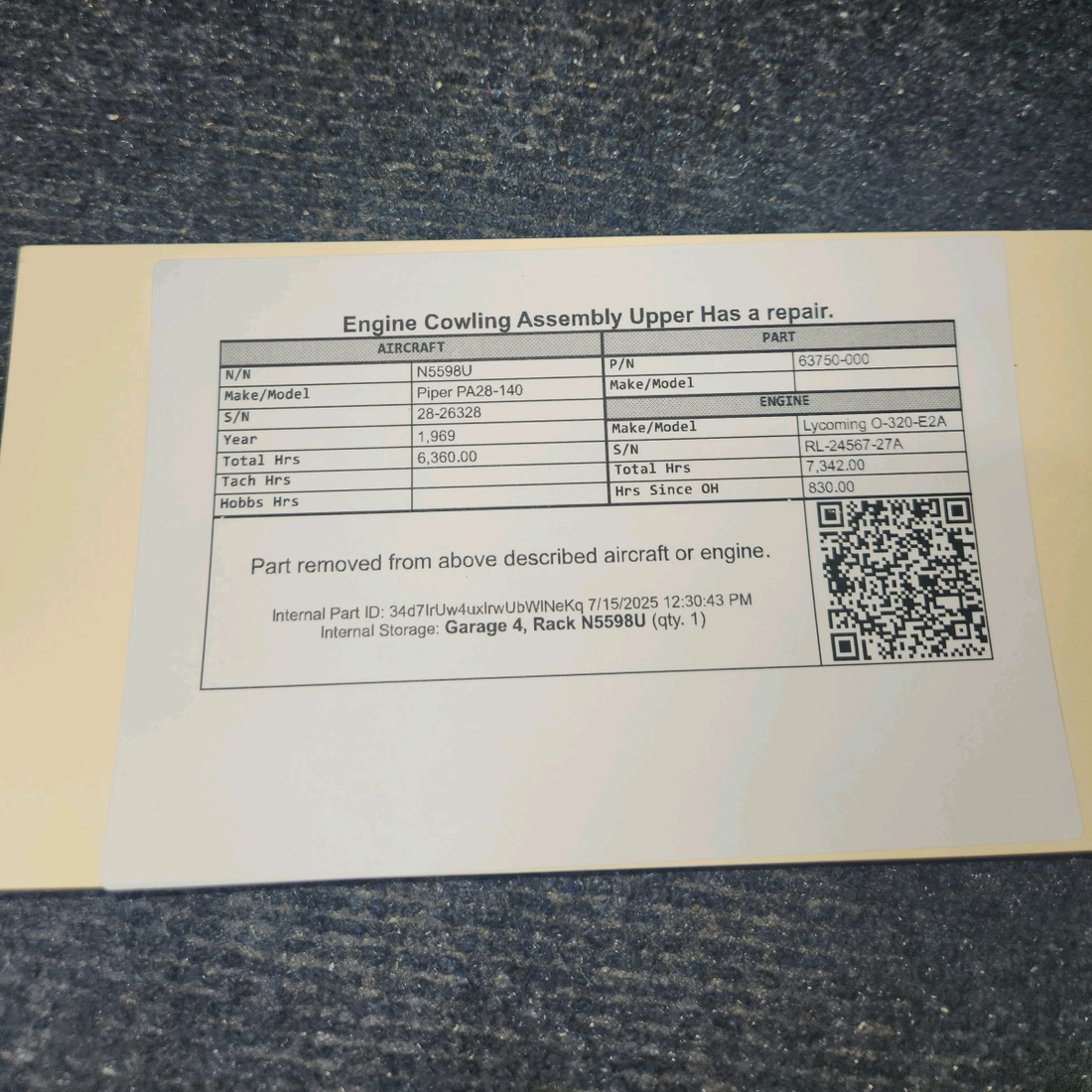 Used aircraft parts for sale, 63750-000 Piper PA28-140 Engine Cowling Assembly Upper Has a repair.