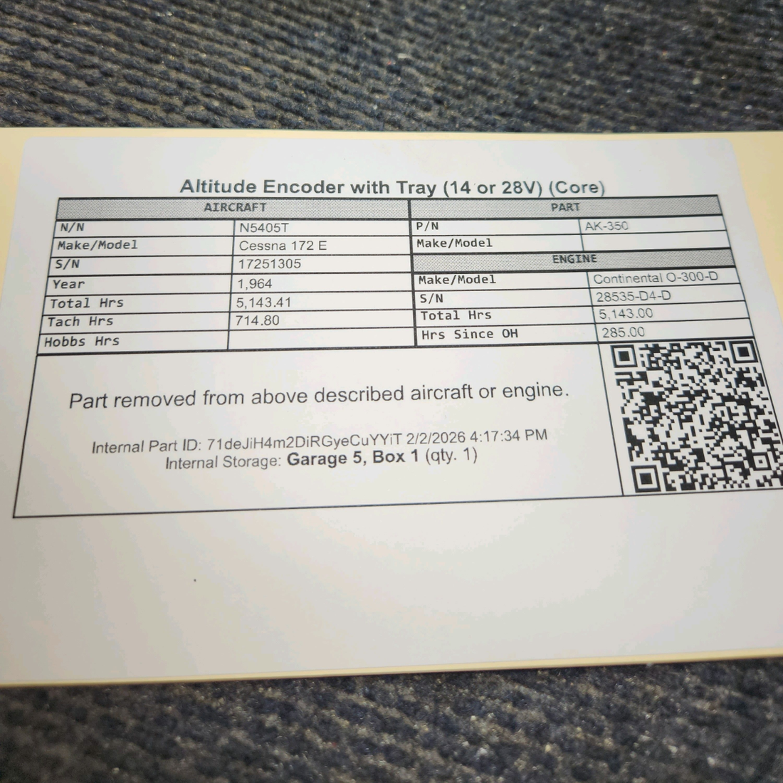 Used aircraft parts for sale, AK-350 Ameri-King Cessna 172 E Altitude Encoder with Tray (14 or 28V) (Core)