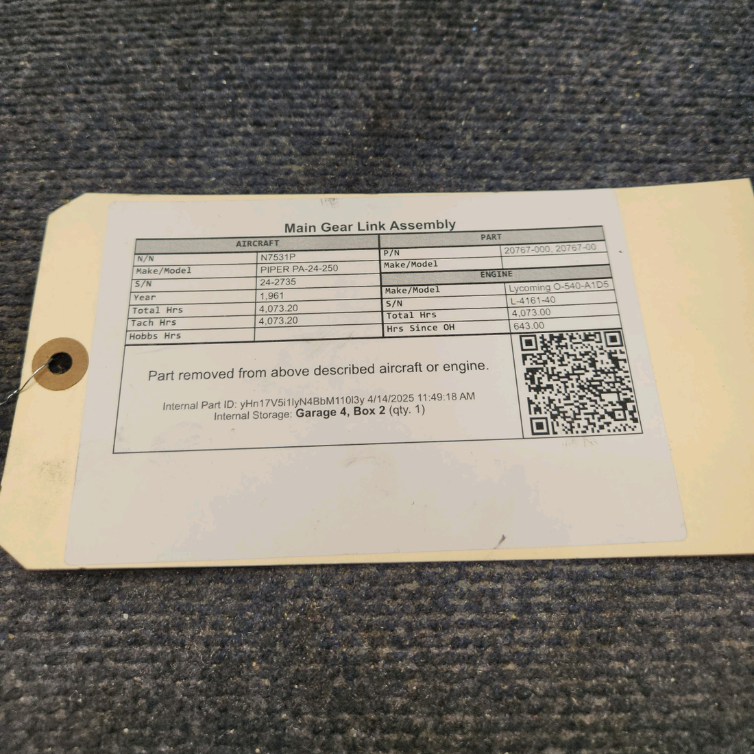 Used aircraft parts for sale, 20767-000 PIPER PA-24-250 Main Gear Link Assembly