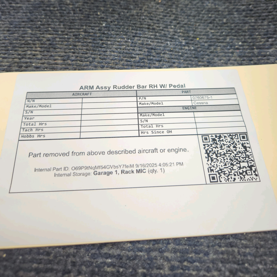 Used aircraft parts for sale, 0760678-1, 0760678-2, Cessna C182P ARM Assy Rudder Bar RH W/ Pedal