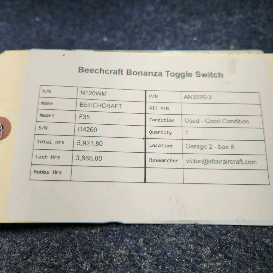 Used aircraft parts for sale, AN3226-3 BEECHCRAFT F35 BEECHCRAFT BONANZA TOGGLE SWITCH