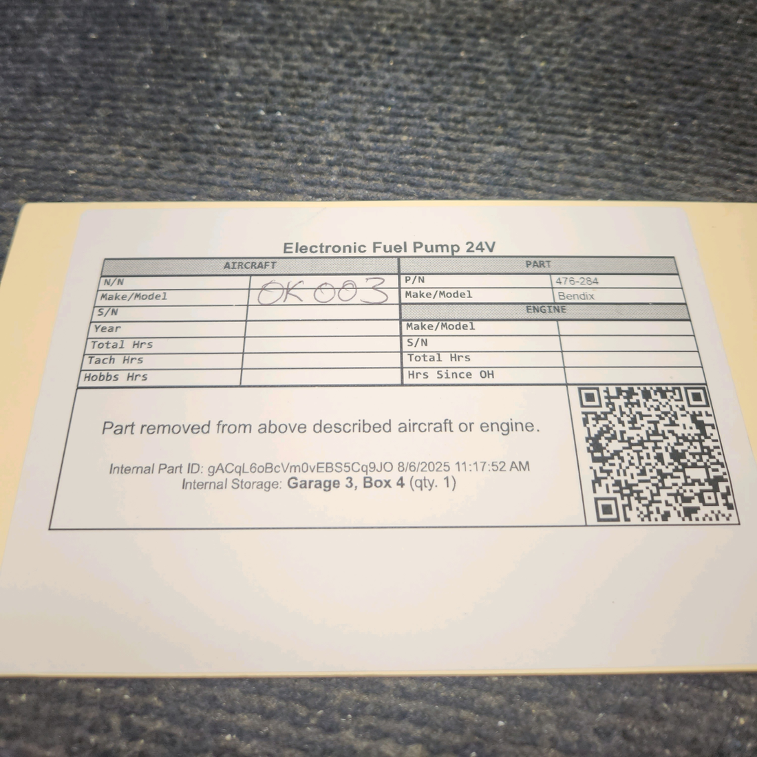 Used aircraft parts for sale, 476-284 Bendix Electronic Fuel Pump 24V