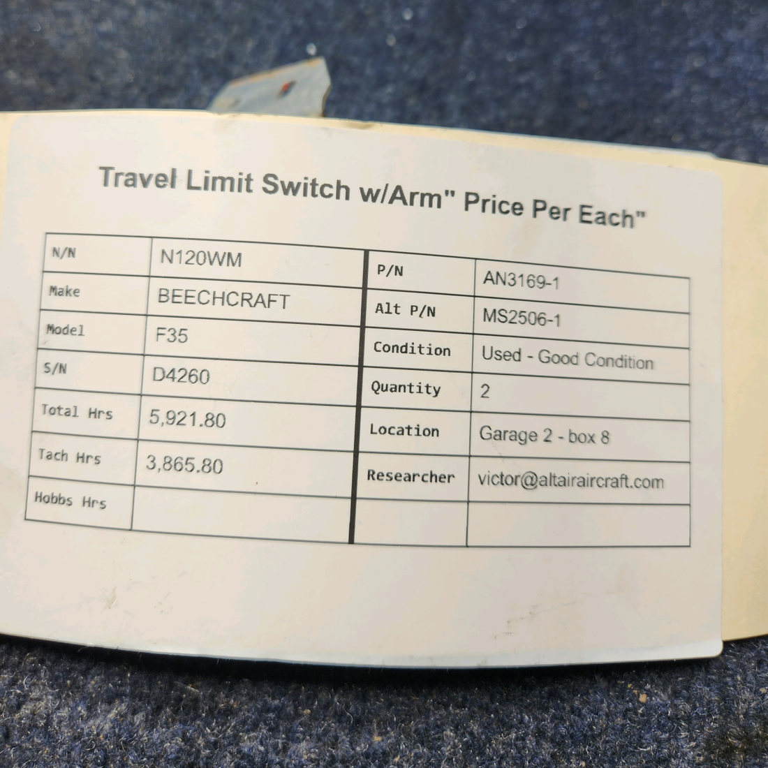 Used aircraft parts for sale, AN3169-1 BEECHCRAFT F35 TRAVEL  LIMIT SWITCH W/ARM" PRICE PER EACH"
