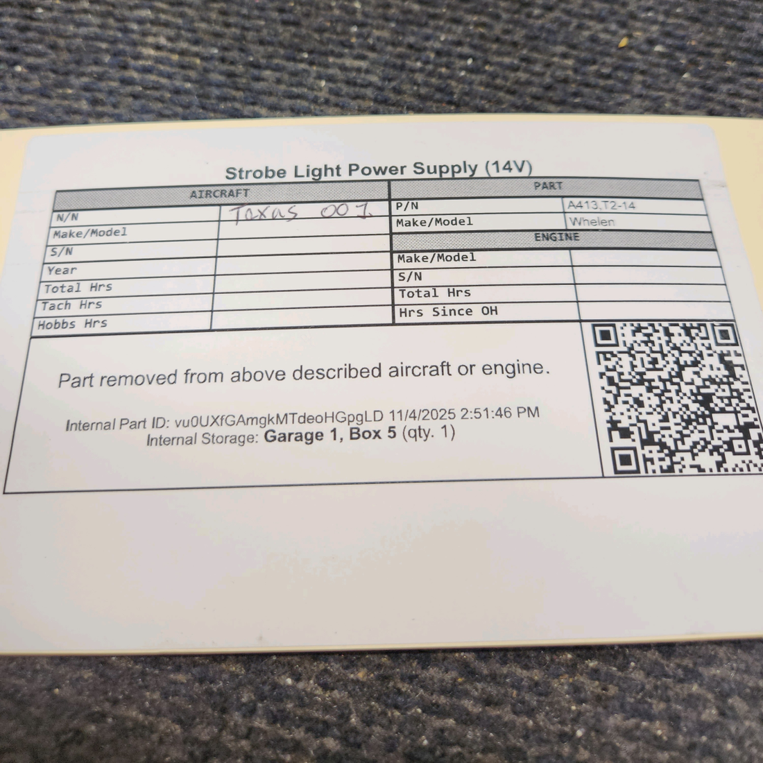 Used aircraft parts for sale, A413,T2-14 Whelen A413 Strobe Light Power Supply (14V)