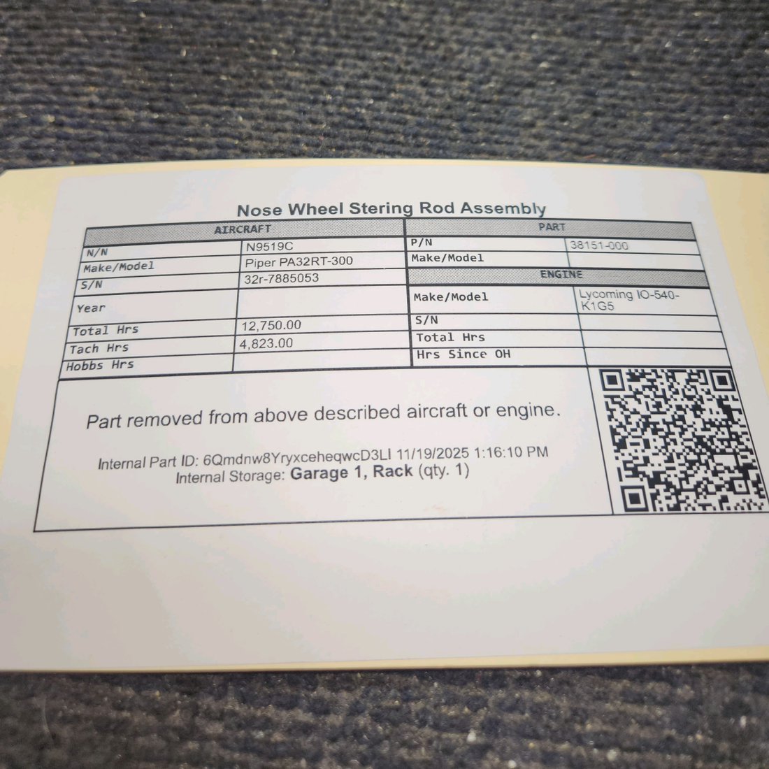 Used aircraft parts for sale, 38151-000 Piper PA32RT-300 Nose Wheel Stering Rod Assembly