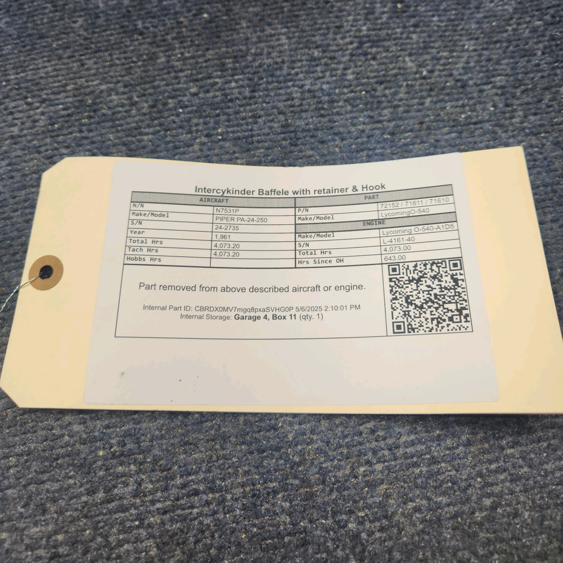 Used aircraft parts for sale, 72152 / 71611 / 71610 Lycoming O-540 PIPER PA-24-250 Intercylinder Baffele with retainer  & Hook