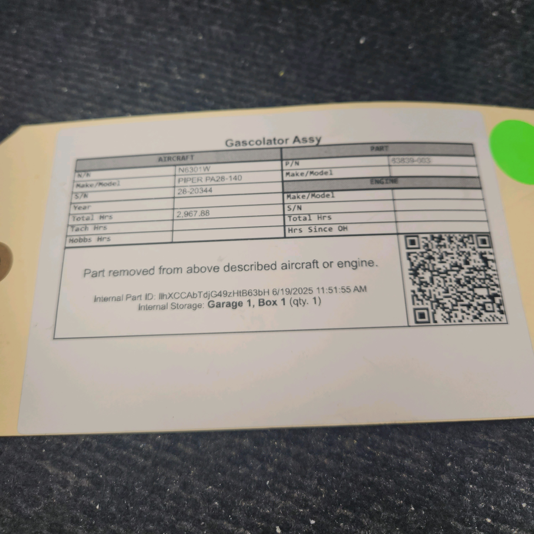 Used aircraft parts for sale, 63839-003 PIPER PA28-140 Gascolator Assy