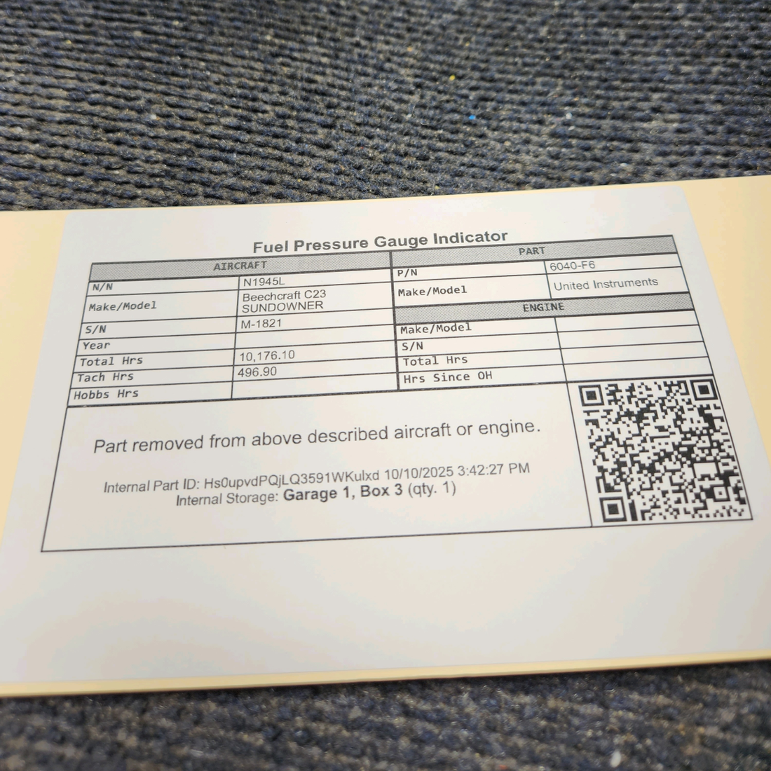 Used aircraft parts for sale, 6040-F6 United Instruments Beechcraft C23 SUNDOWNER Fuel Pressure Gauge Indicator
