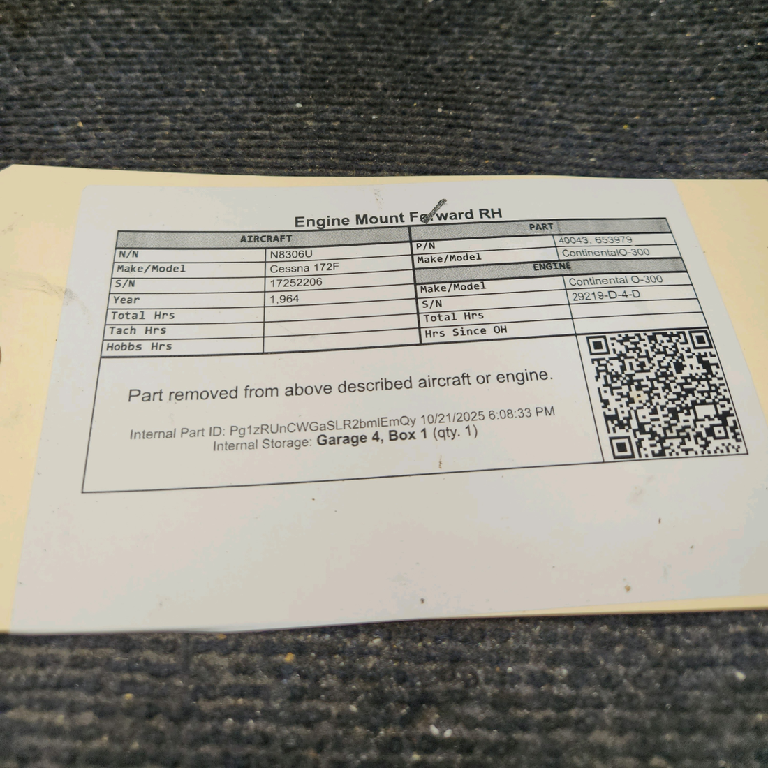 Used aircraft parts for sale, 40043 Continental O-300-D Cessna 172F Engine Mount Forward RH