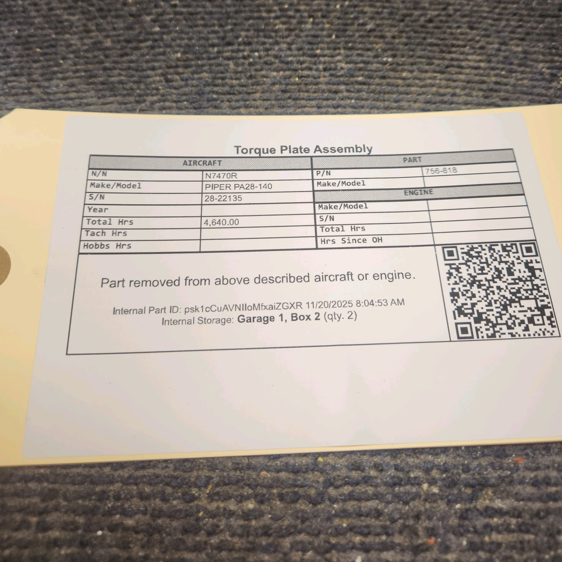 Used aircraft parts for sale, 756-818 Piper PA28-140 Torque Plate Assembly