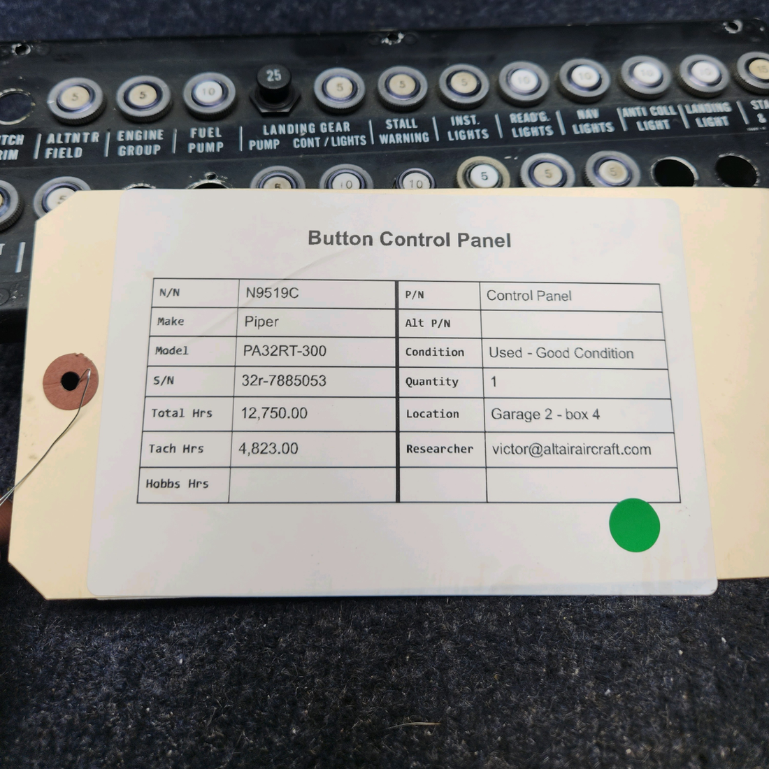 Used aircraft parts for sale, Control Panel Piper PA32RT-300 BUTTON CONTROL PANEL