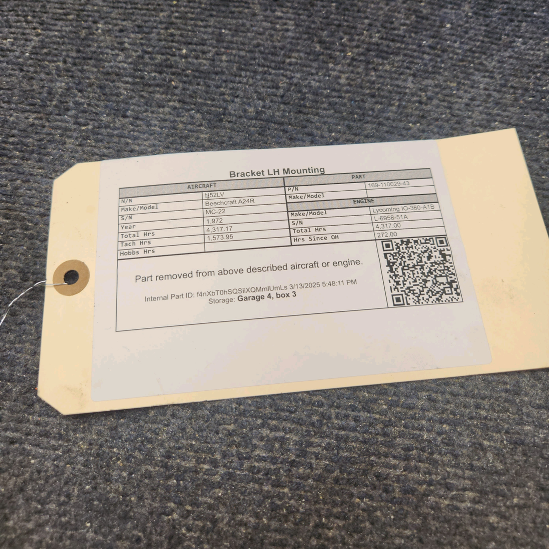 Used aircraft parts for sale, 169-110029-43 Beechcraft A24R Mounting Bracket LH