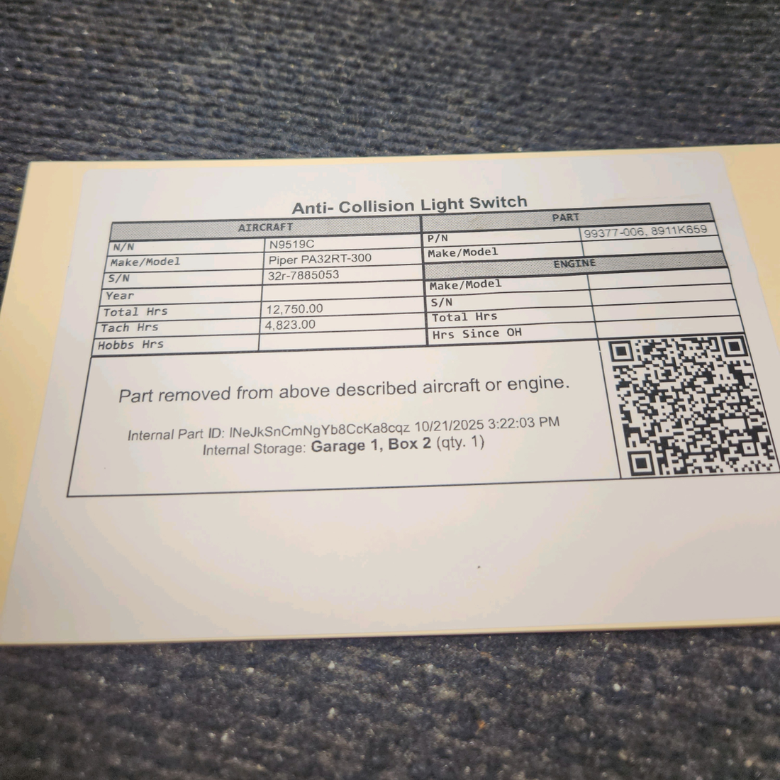 Used aircraft parts for sale, 99377-006 Piper PA32RT-300 Anti- Collision Light Switch