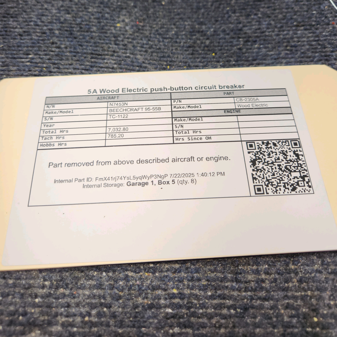 Used aircraft parts for sale, CB‑2305A Wood Electric BEECHCRAFT 95-55B Push-Button Circuit Breaker - Price per each