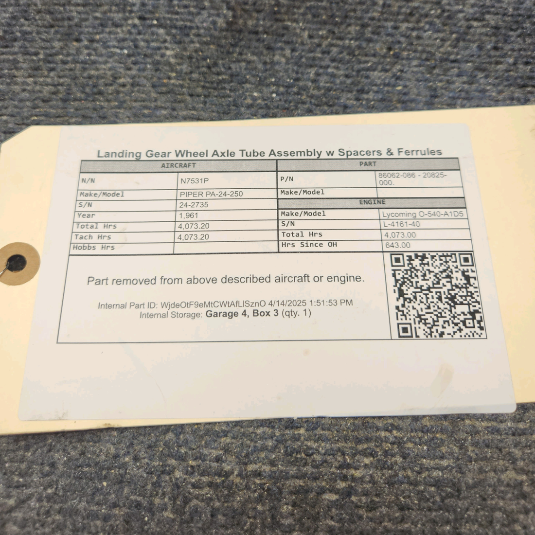 Used aircraft parts for sale, 86062-086 / 20825-000 PIPER PA-24-250 Landing Gear Wheel Axle Tube Assembly w Spacers & Ferrules
